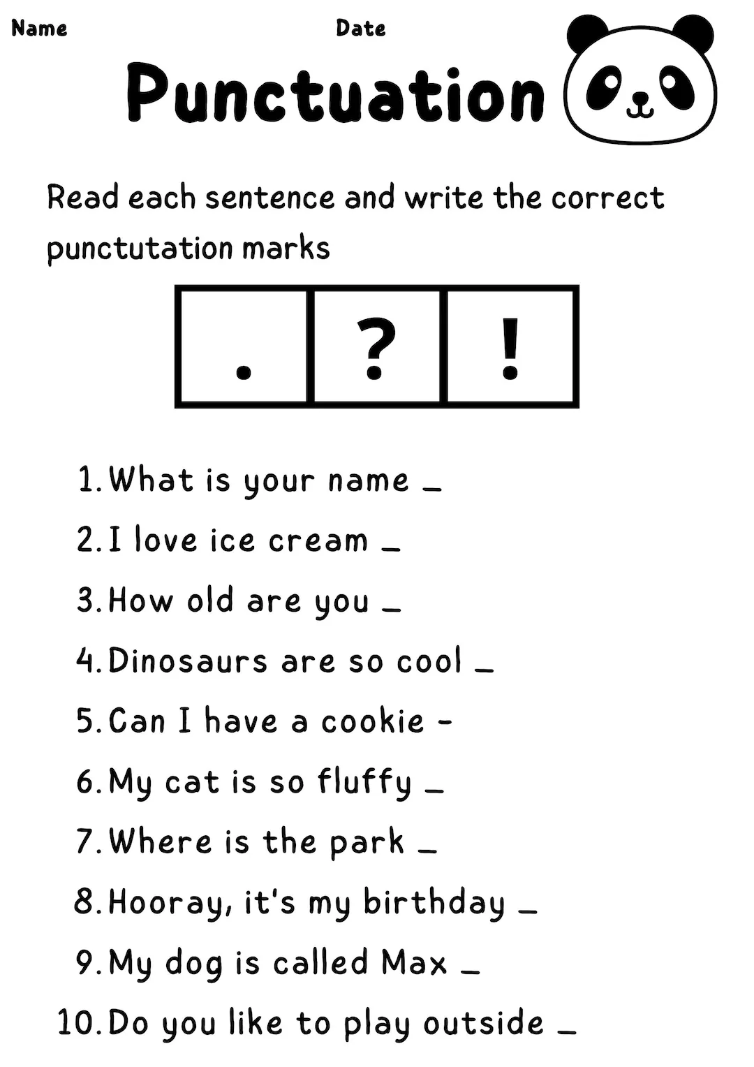 Worksheet image for teaching basic punctuation to young writers Basic Punctuation worksheet for first graders focusing on missing ending punctuation marks