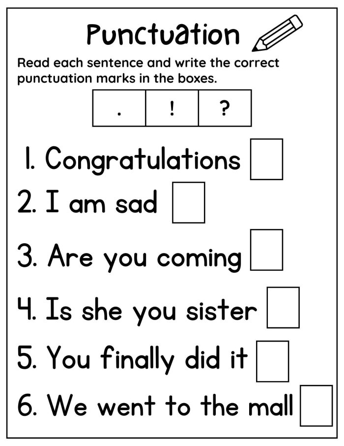 Engaging worksheet image to help young writers practice punctuation skills Basic Punctuation worksheet for first graders focusing on ending punctuation marks