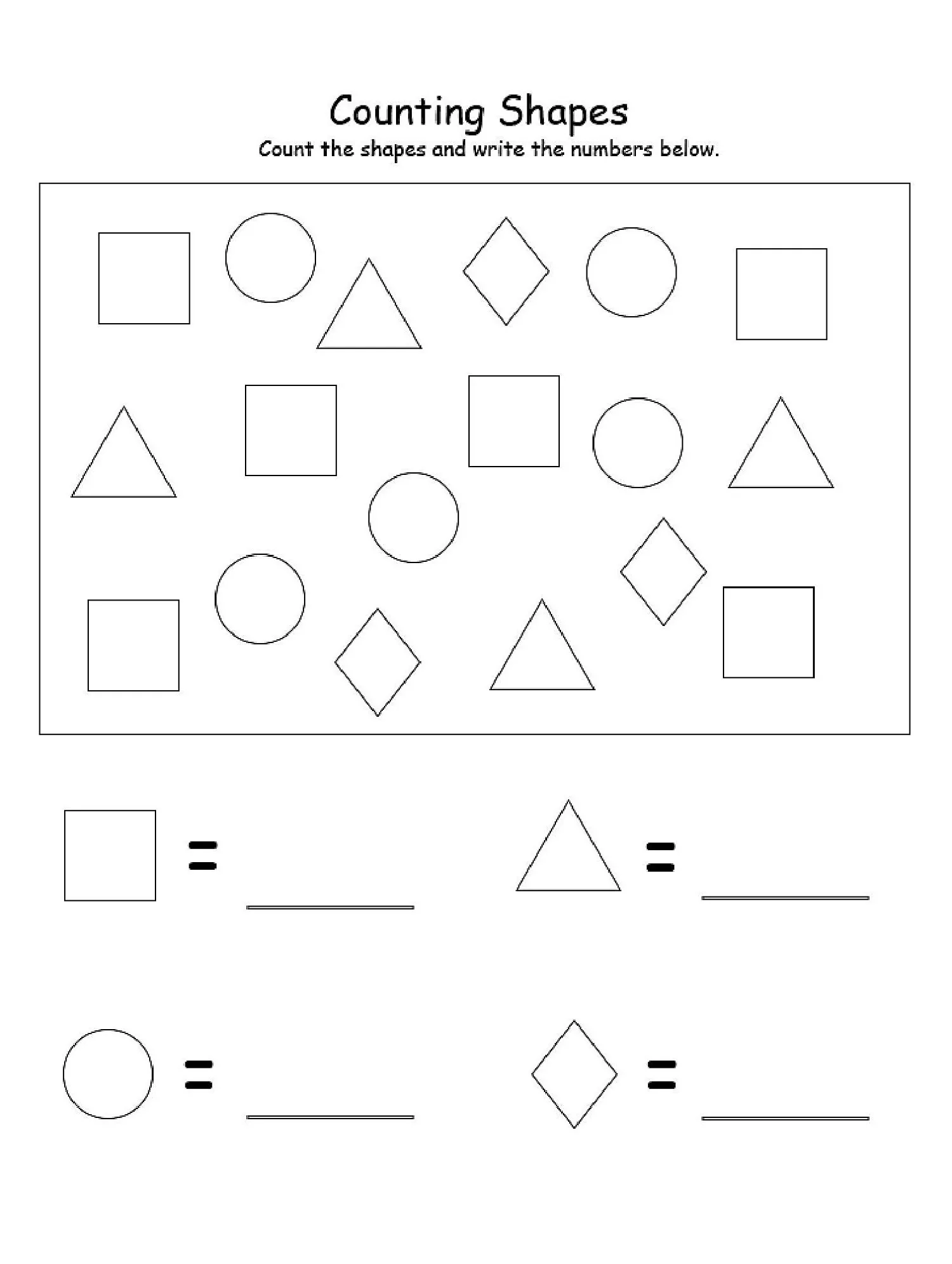 First grade student coloring activity featuring various basic shapes to identify and sort