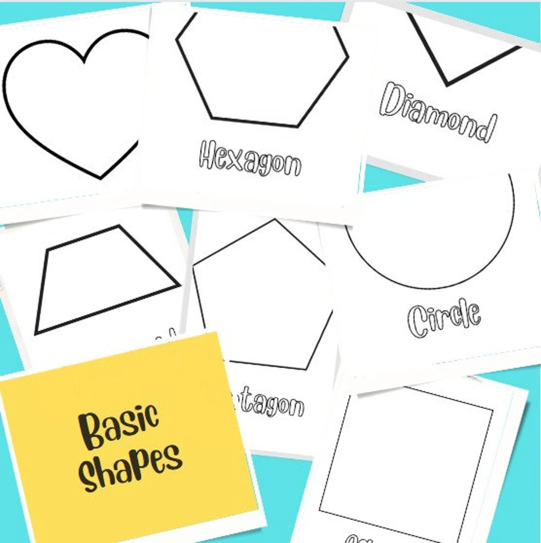 A first grade worksheet featuring various basic shapes for students to color and identify