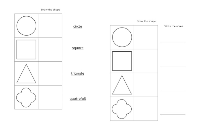 Children's worksheet featuring basic shapes for first graders to color and sort