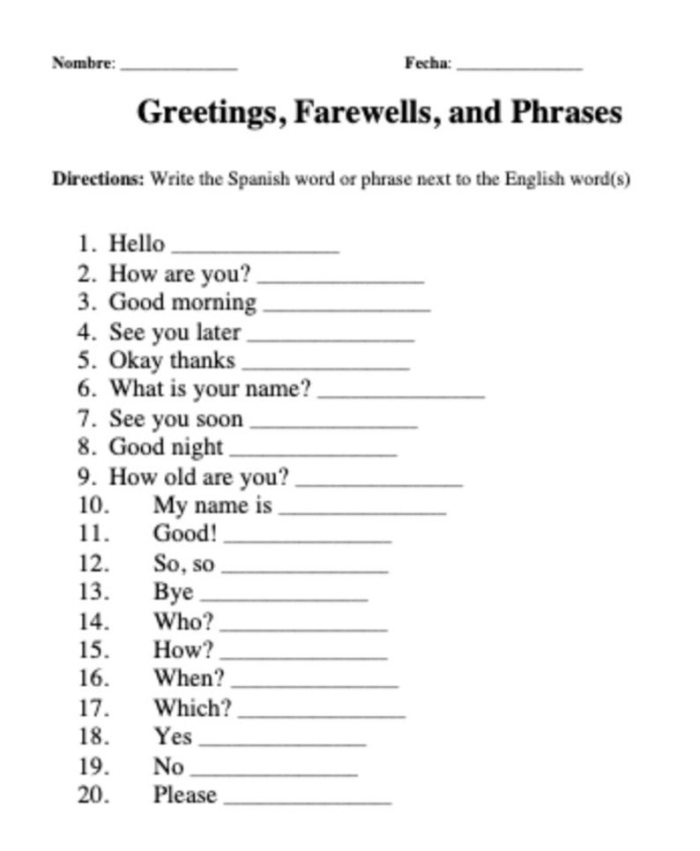 Second grade worksheet featuring essential Spanish phrases like buenas noches and por favor for young students