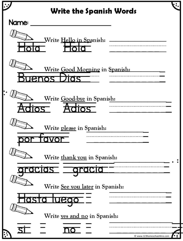 Second grade students practicing common Spanish greetings and polite expressions on a vocabulary worksheet