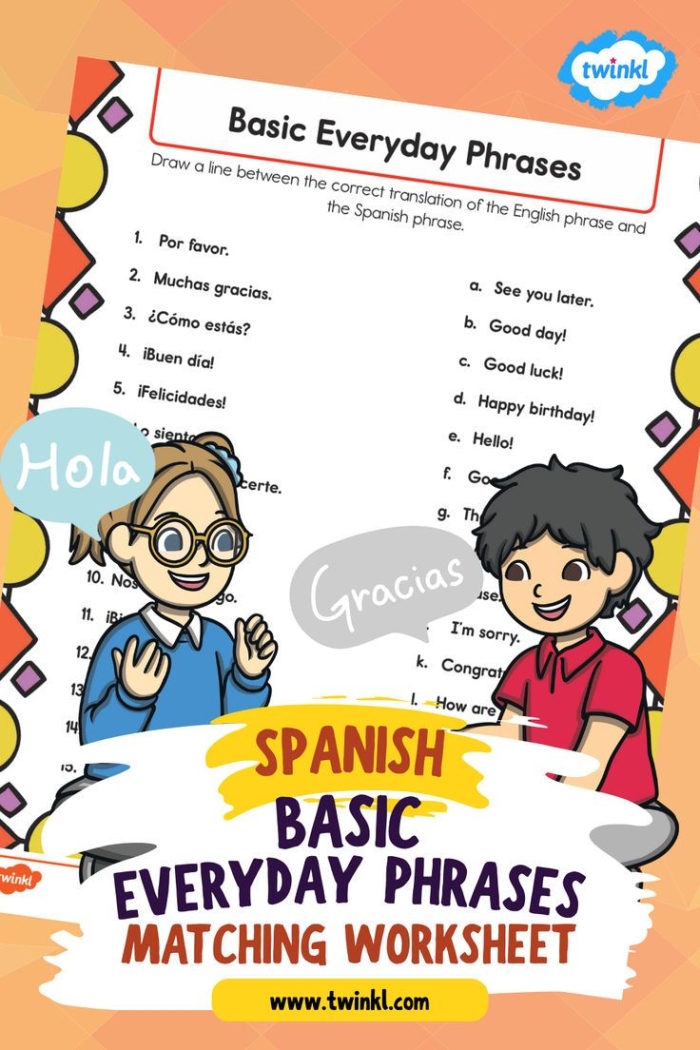 Second grade student practicing basic Spanish phrases on an educational worksheet