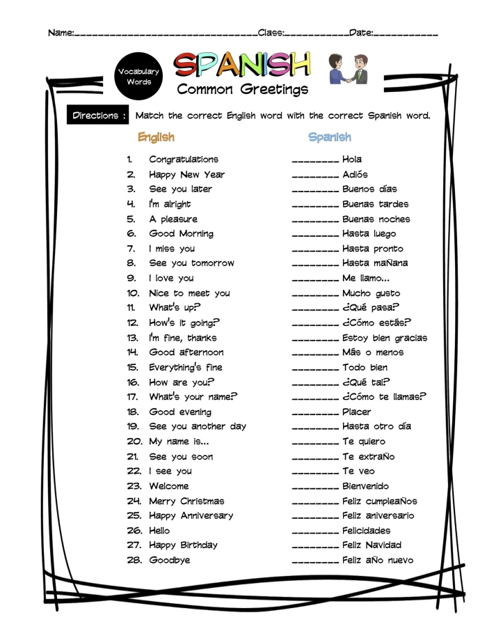 Basic Spanish Phrases worksheet for Second Grade