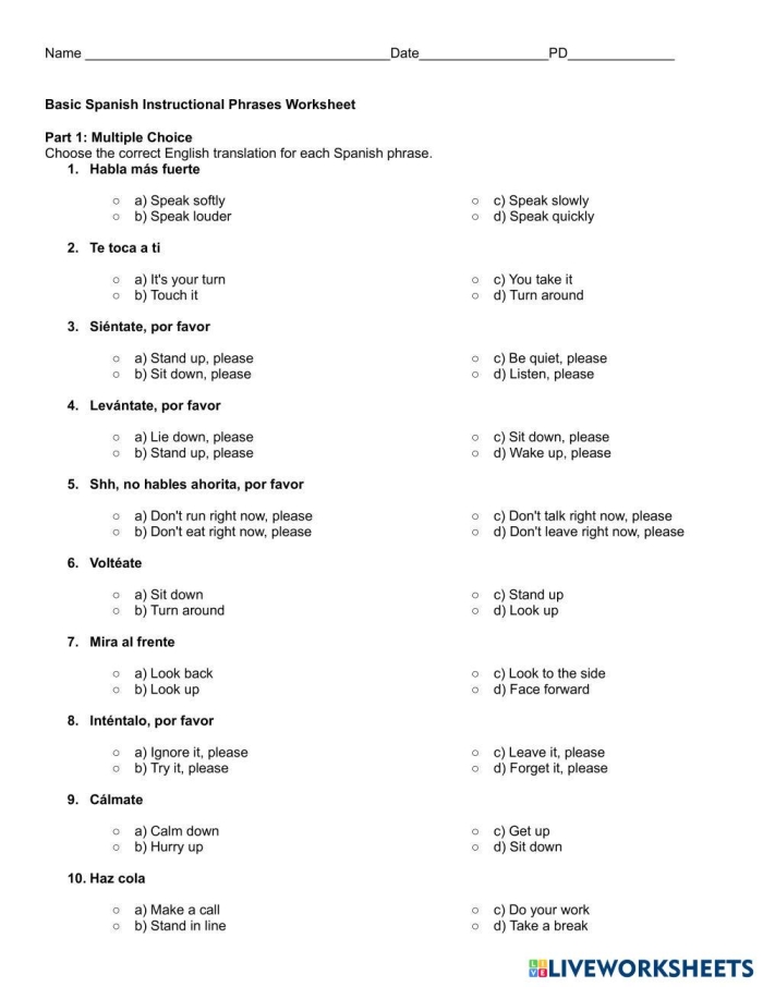 Basic Spanish Phrases worksheet for Second Grade