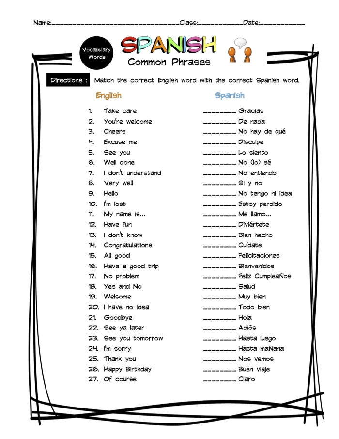 Second grade student worksheet featuring common Spanish greetings and polite phrases for classroom practice