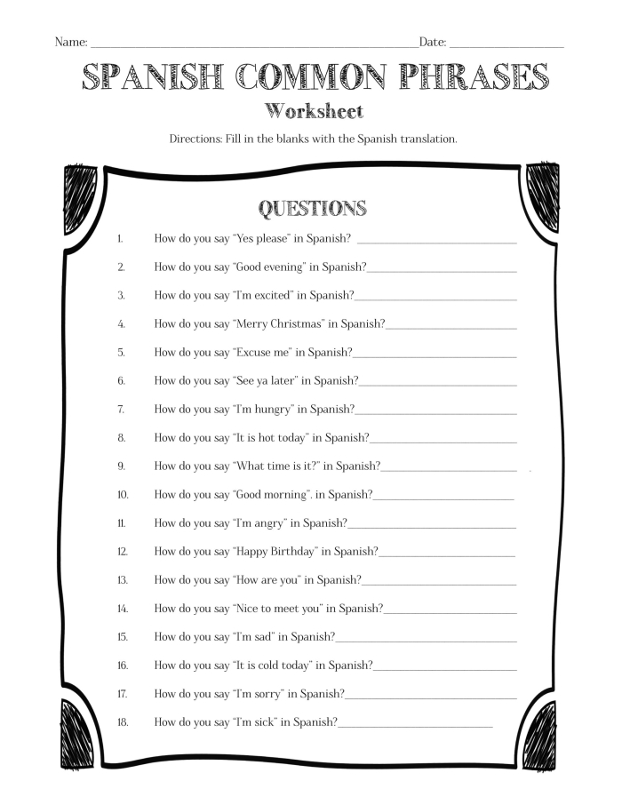 Second grade students practicing basic Spanish phrases on an educational worksheet