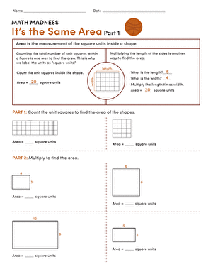 Third grade student worksheet featuring basketball court shapes for calculating area in the Math Madness 1 exercise