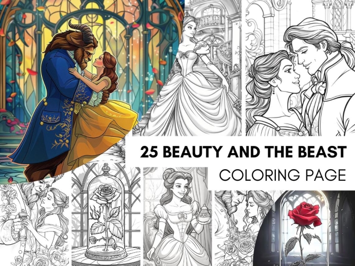 Coloring sheet featuring Beauty and the Beast for preschool and kindergarten kids