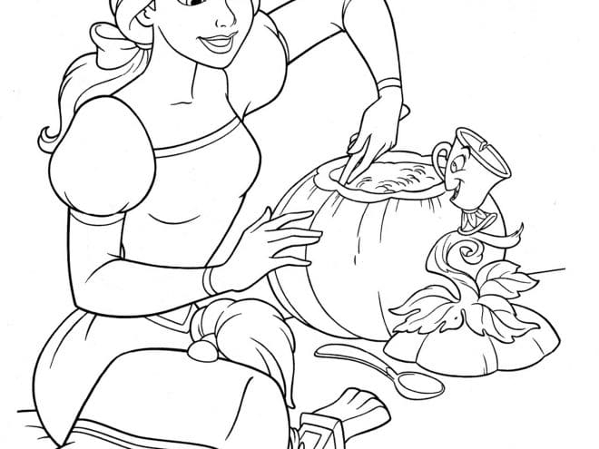 Coloring sheet featuring Beauty and the Beast for young learners