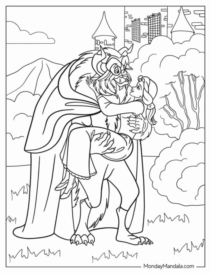 Preschool coloring worksheet featuring Belle and the Beast for science and art activities
