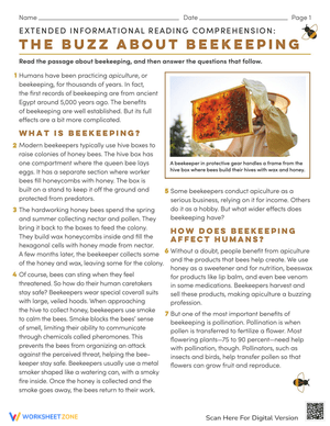 Fifth grade reading comprehension worksheet featuring a nonfiction article titled The Buzz About Beekeeping