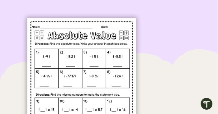 Sixth grade math worksheet showing students how to calculate and compare the absolute value of various fractions