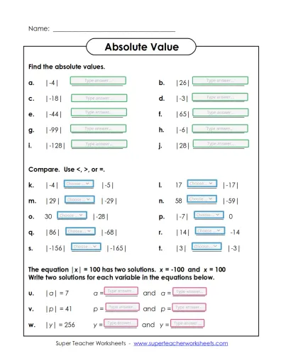 Sixth grade student solving absolute value problems with number line and comparison exercises on worksheet 16