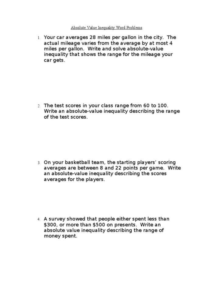 Absolute Value Word Problems Worksheet 14 for Middle School Math Practice Sixth grade students solving absolute value word problems involving real world scenarios like temperature and elevation changes