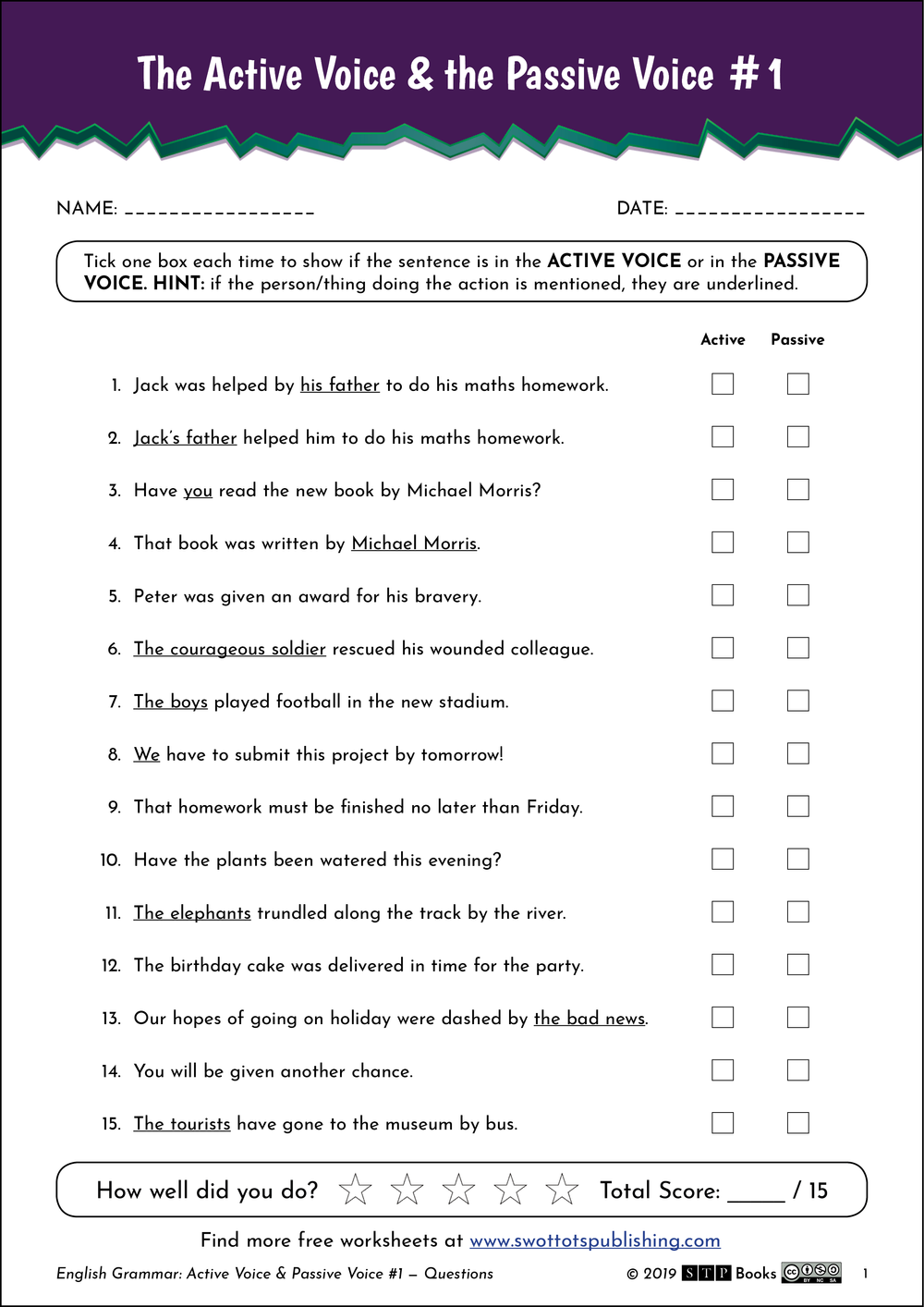 Active and Passive Voice Worksheet Nine for Science Students Eighth grade physical science worksheet for identifying active and passive voice sentences