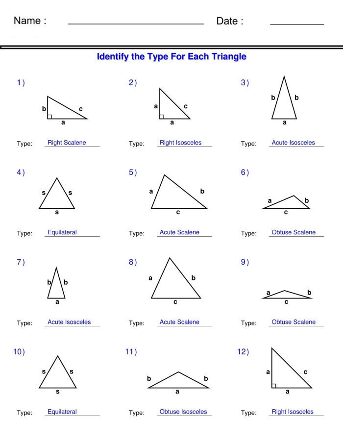 Fourth grade math worksheet showing various triangles for students to identify and classify acute triangles by their angles