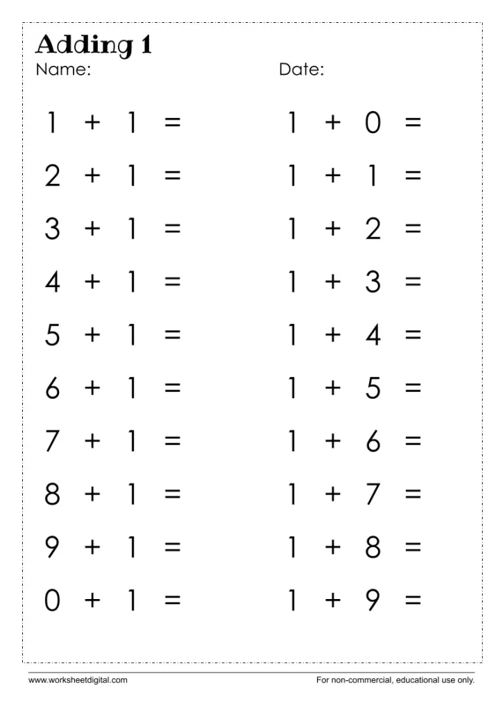 First grade student practicing addition by adding one to single digit numbers on a math worksheet