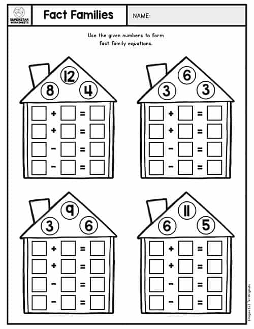 Fact Families Worksheet Number 18 for First Grade Math Skills First grade math worksheet featuring addition and subtraction fact families for student practice