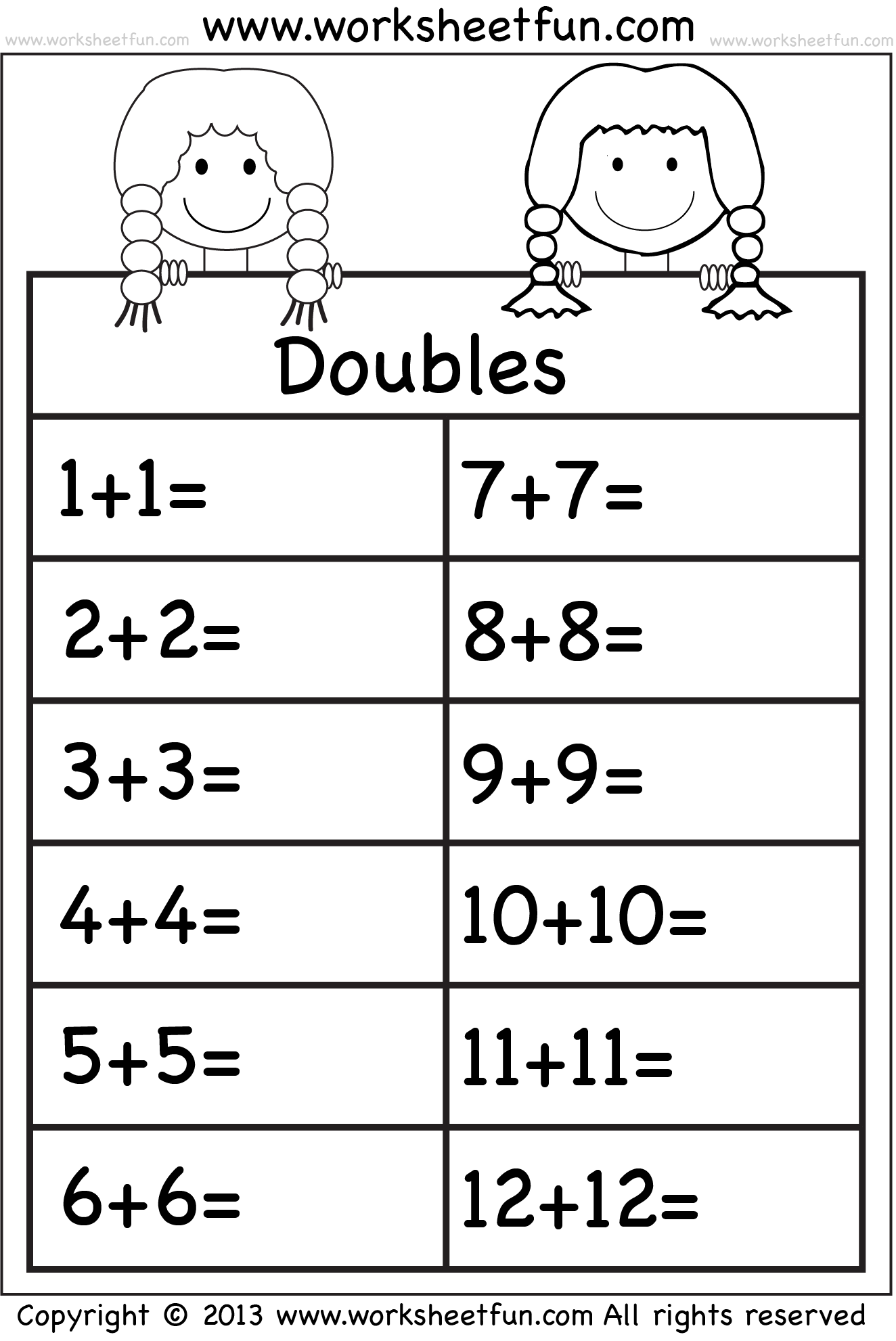 First grade math worksheet showing addition equations with missing numbers that sum to ten
