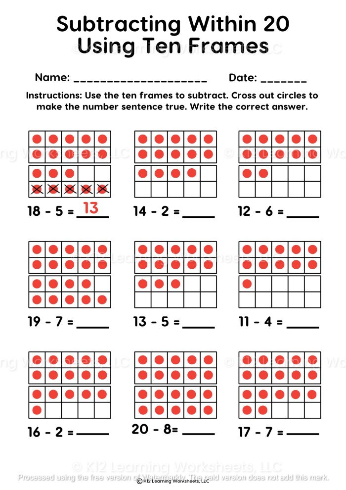 First grade math worksheet showing ten frames for practicing addition problems up to 20