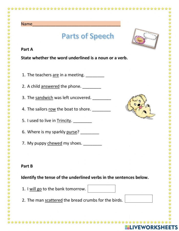 Fifth grade worksheet showing exercises to identify adjectives and adverbs that describe nouns and verbs in sentences
