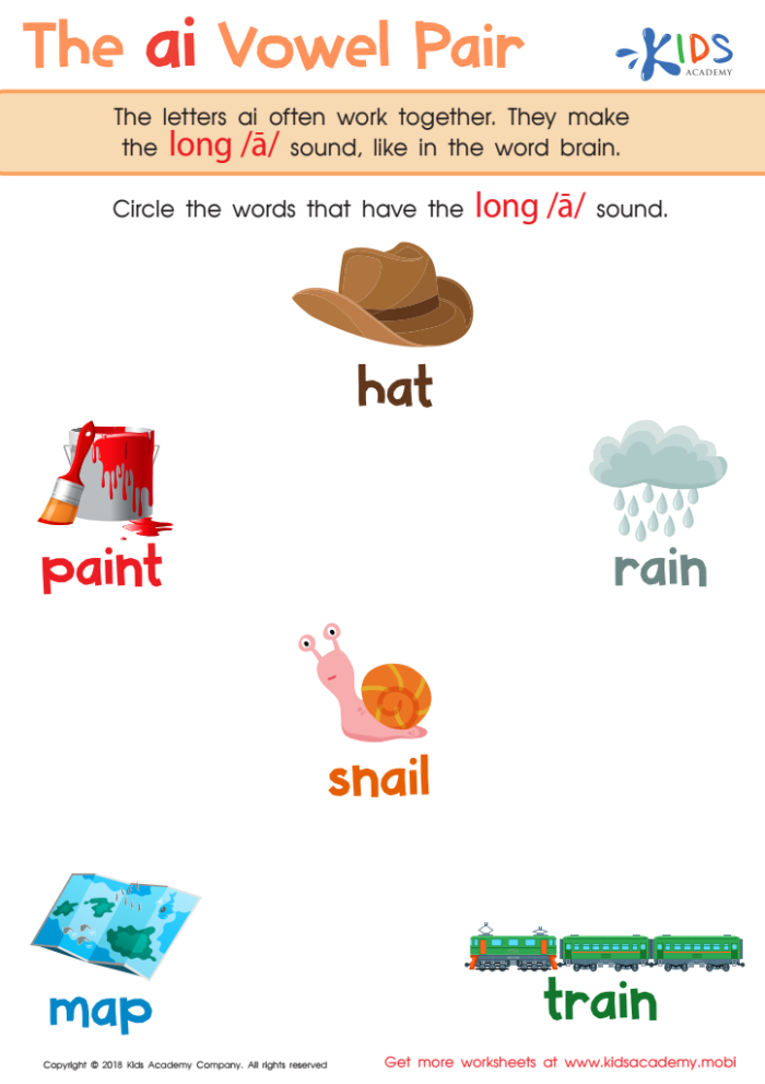 Sounding It Out Ai Vowel Pair Practice Sheet 21 First grade worksheet showing ai vowel pair words with writing activities and illustrations