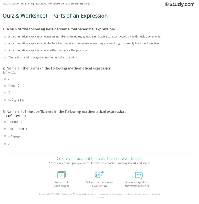 Sixth grade student practicing algebraic concepts on a parts of an expression worksheet