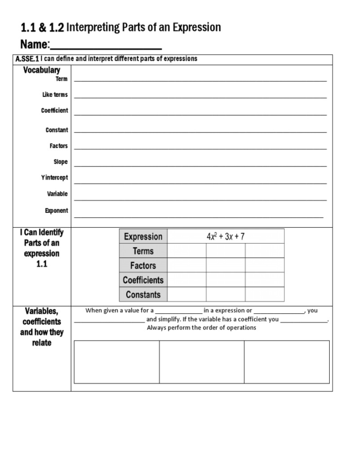Sixth grade math worksheet for practicing how to identify and write various algebraic expressions