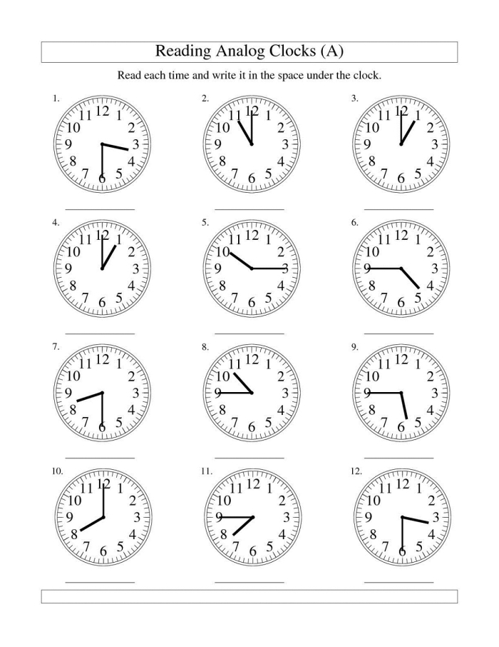 Reading Clocks Practice Activity 14 for Elementary Math Learners Second grade math worksheet showing analog clocks with hour and minute hands for students to practice telling time