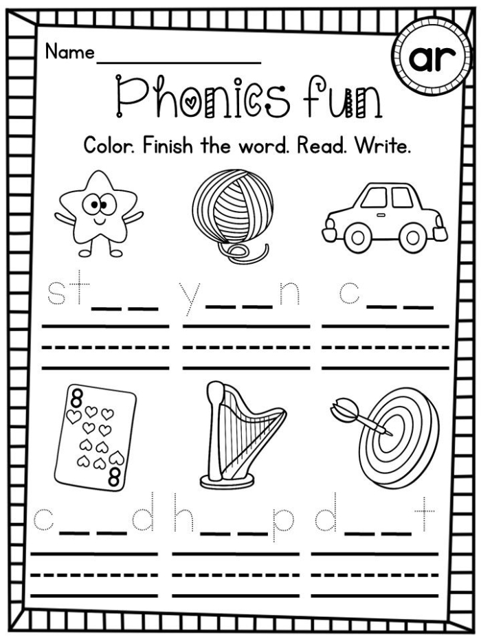Second grade phonics worksheet featuring ar and or word blends with colorful illustrations and practice exercises for letter sound combinations