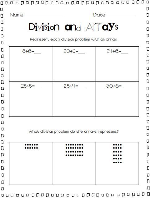 Third grade student using an array drawing method to solve division problems on a math worksheet