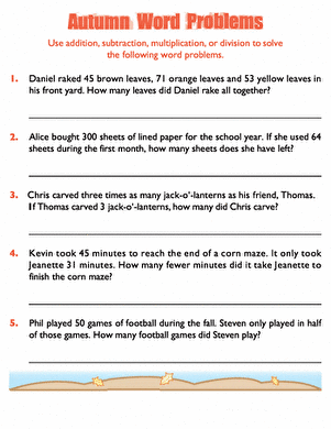 Autumn Word Problems Worksheet 9 for Fourth Grade Math Practice Fourth grade student working on autumn themed algebra word problems featuring addition subtraction multiplication and division