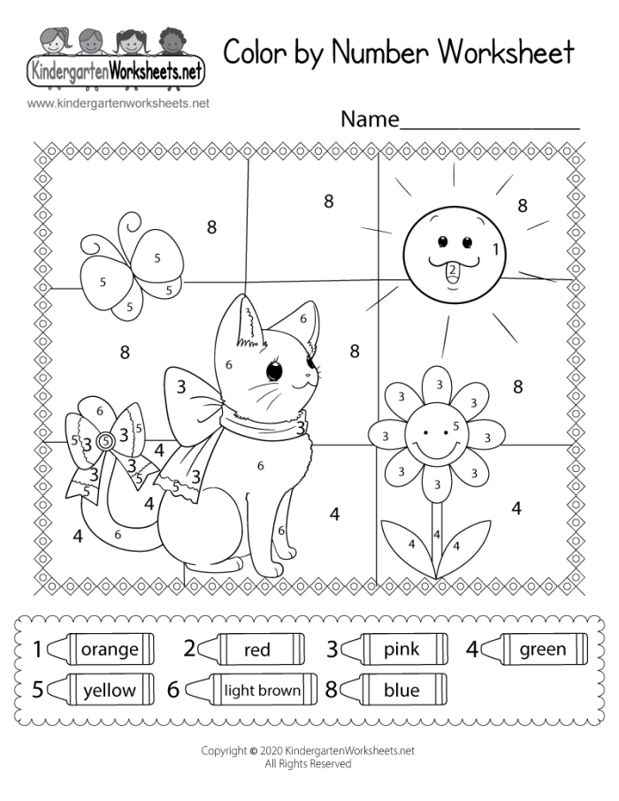 Cat themed color by number algebra worksheet for pre-k students Pre-K algebra worksheet featuring a cat outline for students to color by number
