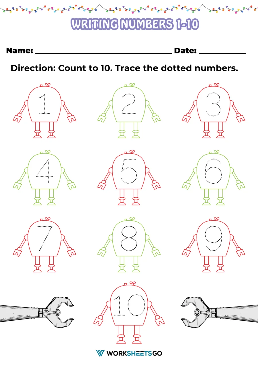 Pre-K Chinese worksheet showing step-by-step stroke order for writing numbers one through ten