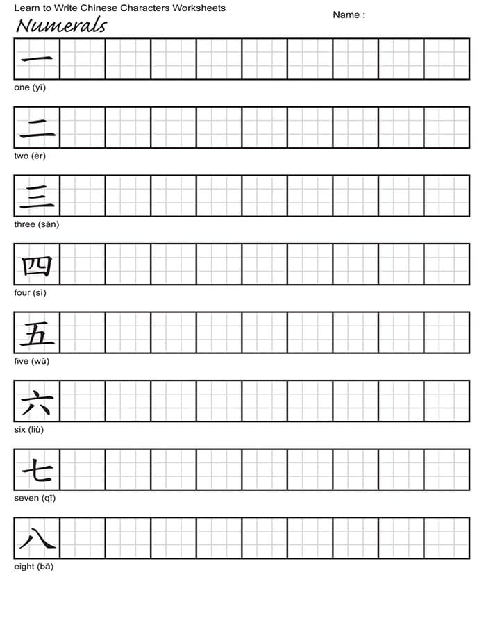 Chinese numbers 1 to 10 stroke order practice guide for young learners with tracing templates