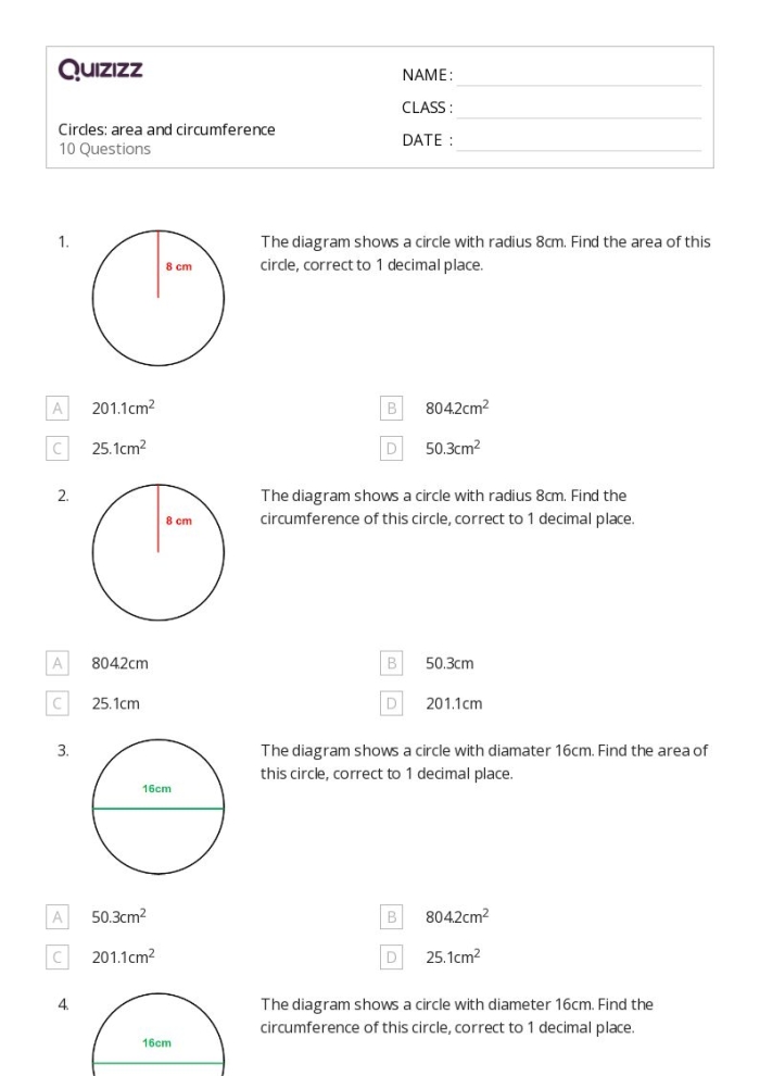 Fifth grade math worksheet featuring geometry problems about the area and circumference of cookie-shaped circles