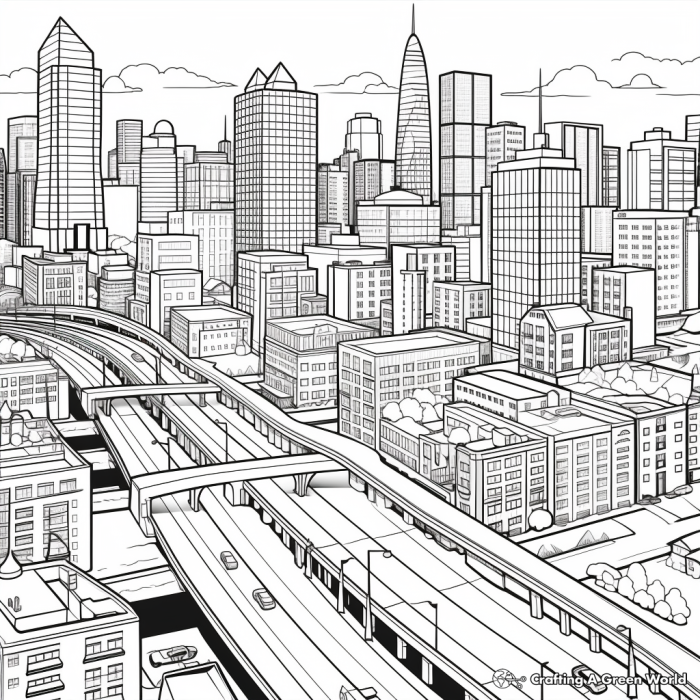 Trace and Color the City Worksheet Number Four Pre-K worksheet with a city skyline for children to trace and color