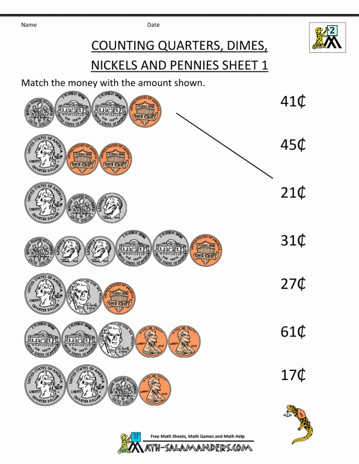 First grade student completing a counting coin practice worksheet with various coin illustrations