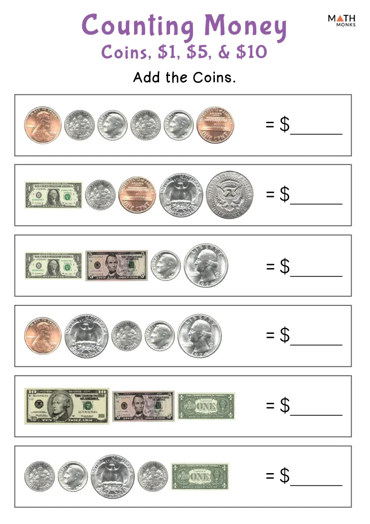 First grade student using a Money Mania coins worksheet to practice counting and multiplication skills