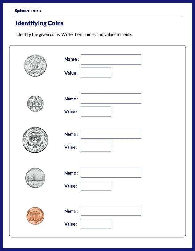 Second grade math worksheet for identifying pennies nickels and dimes with coin counting exercises