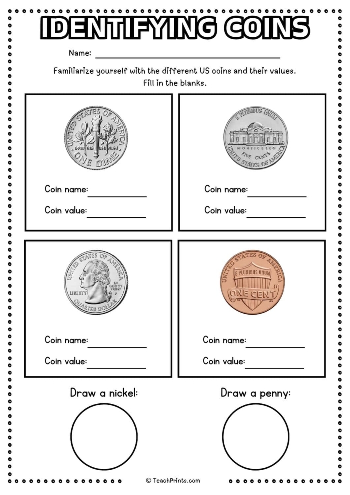 Second grade math worksheet for identifying pennies nickels and dimes
