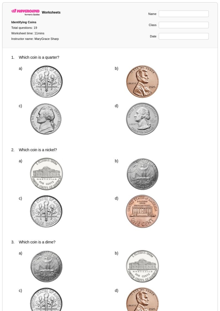 Second grade math worksheet showing pennies, nickels, and dimes for students to identify and practice coin recognition skills