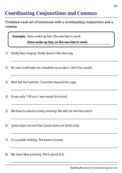 Third grade student completing a worksheet on linking sentences with commas and conjunctions