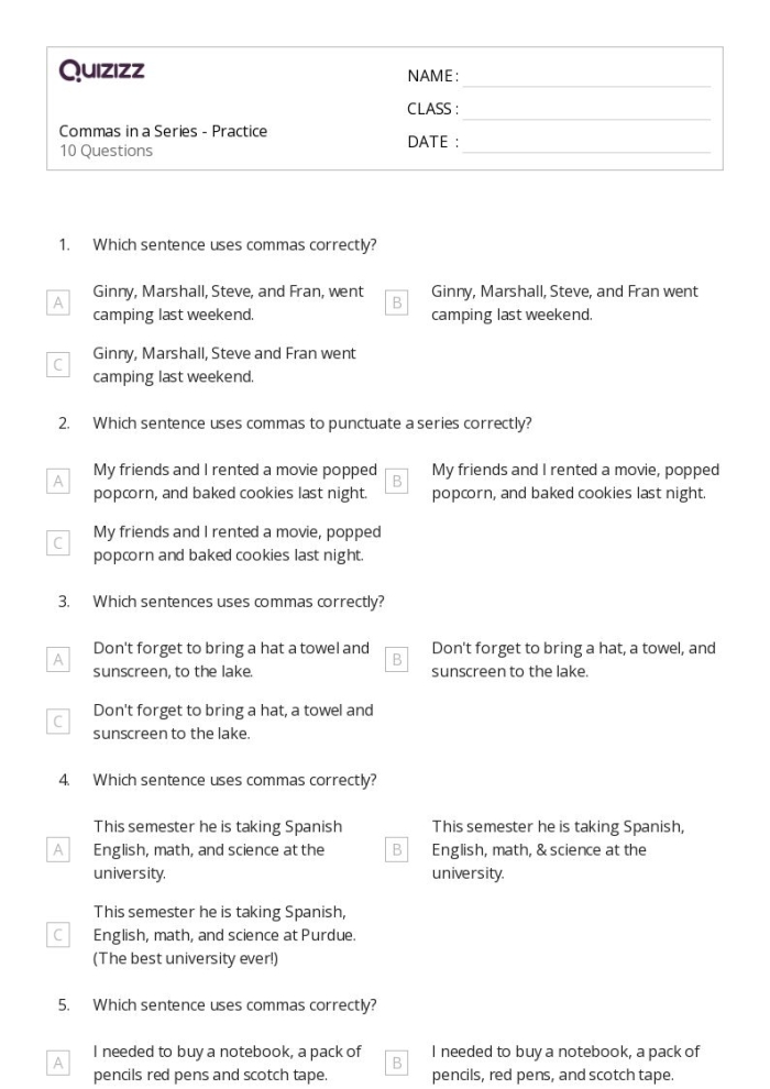 Commas in a Series Grammar Practice Activity for Grade 5 Fifth grade grammar worksheet showing practice exercises for using commas correctly when listing items in a series