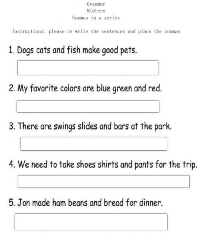 Commas in a Series Practice Activity for Elementary Students Fifth grade grammar worksheet showing practice exercises for using commas to separate items in a list or series