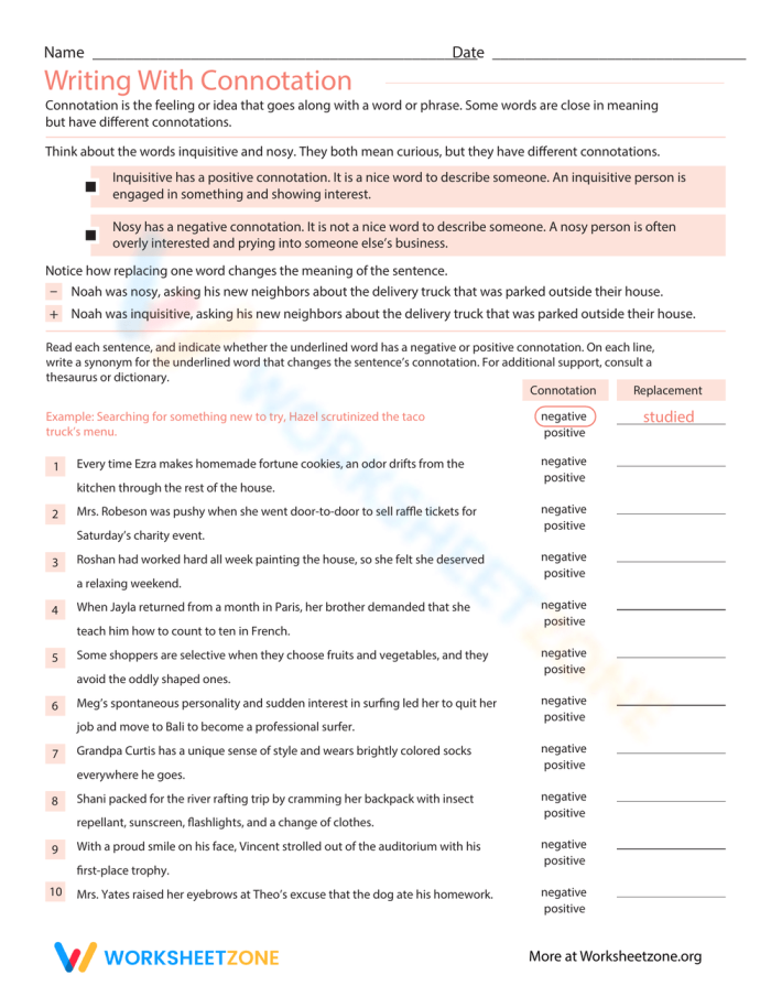 Sixth grade writing with connotation worksheet for middle school students