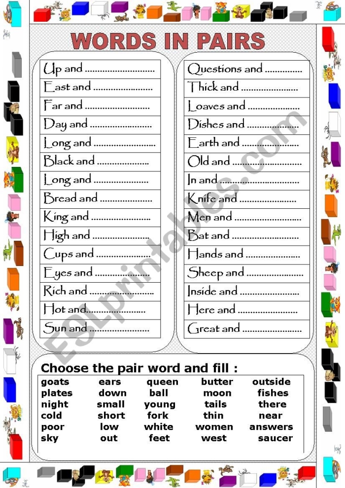Pairing Up Words Activity 20 for Teaching Contractions and Compound Words Fifth grade language arts worksheet showing exercises for combining words into contractions and hyphenated compound words with answer spaces