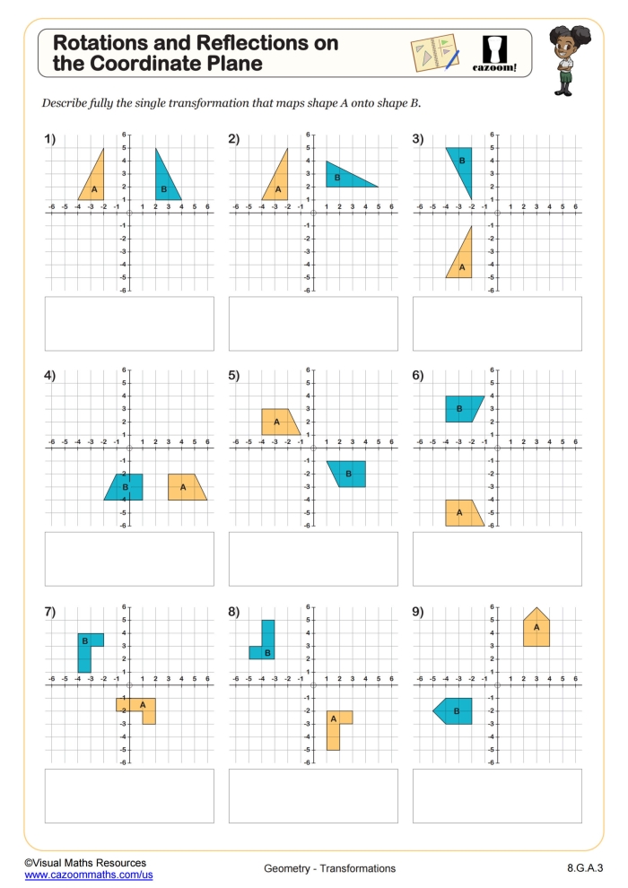 Eighth grade geometry worksheet featuring coordinate plane reflection practice problems
